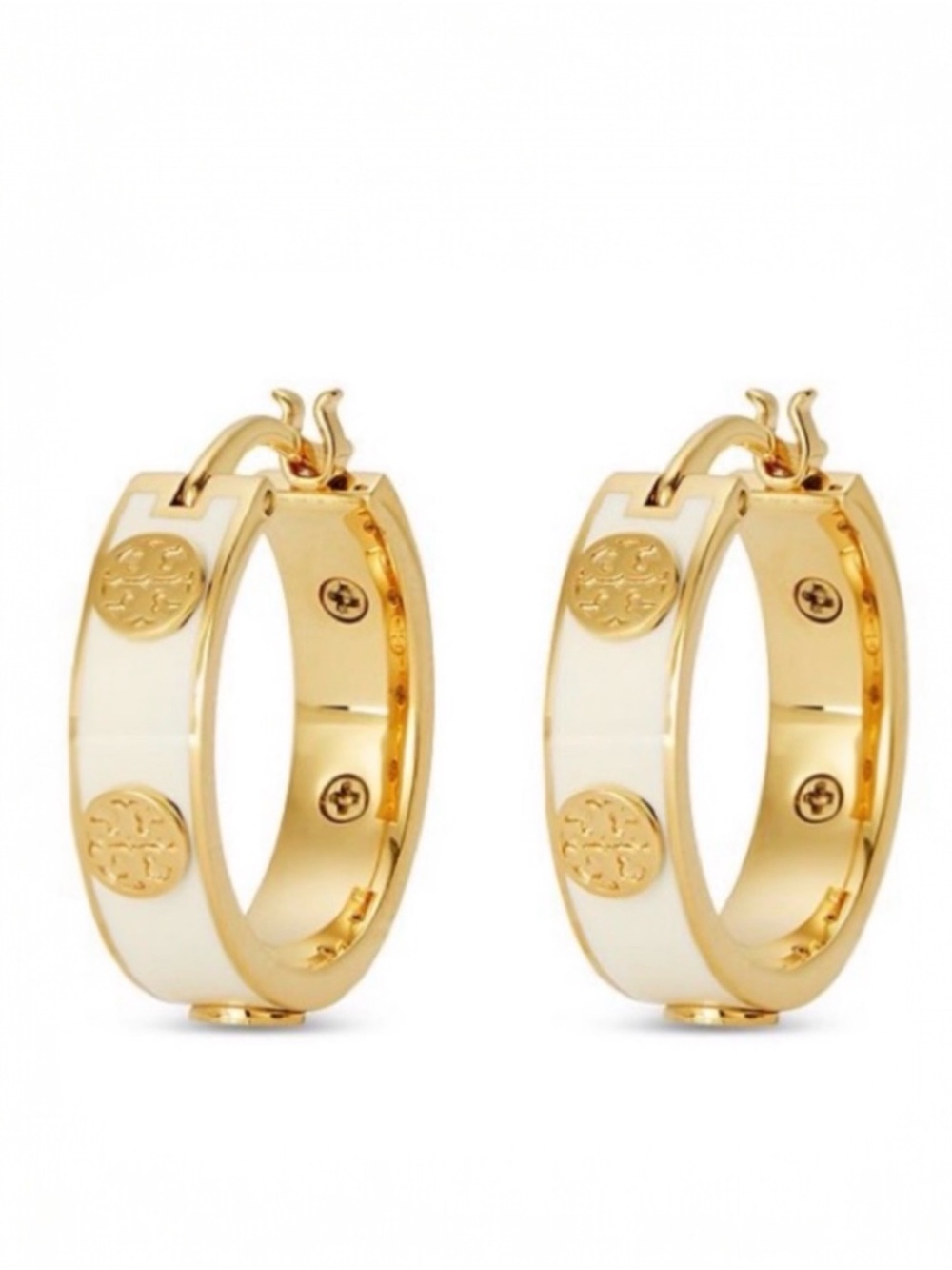 Tory Burch Miller Hoop Earrings White Enamel Gold Tone Hoops